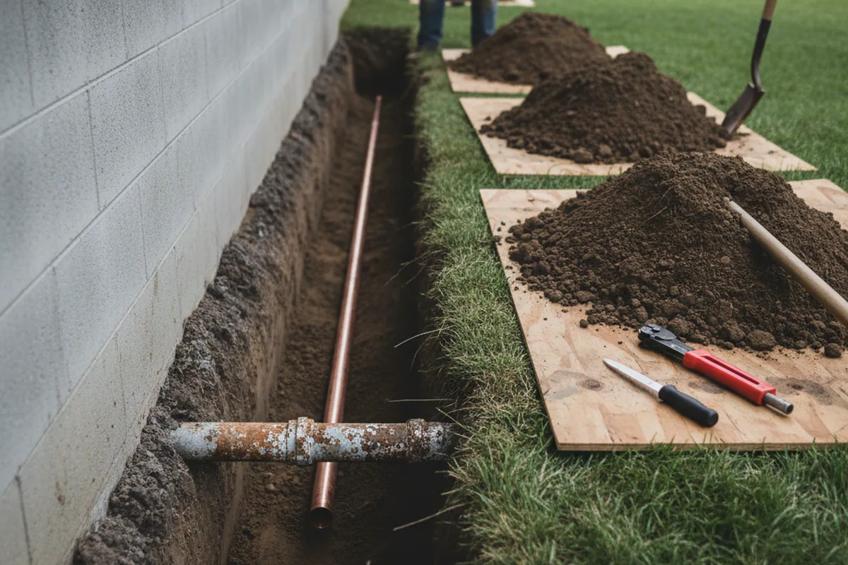 Excavated water line trench during Water Heater Repair in Dickens
